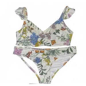 Kona Sol Floral Bikini Set S Ruffle Strap Spring Summer Botanical Print Swim